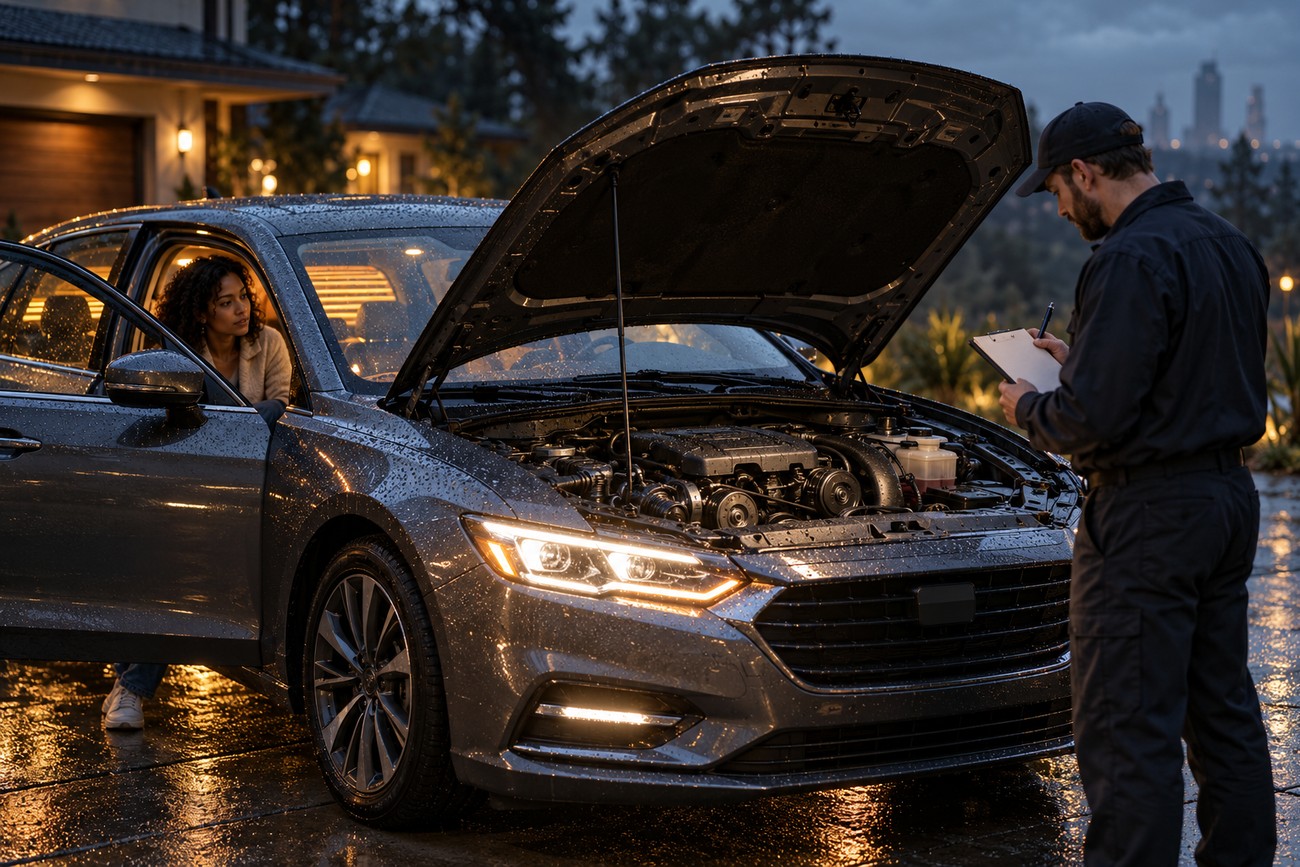A mechanic writing on a clipboard while inspecting the engine bay of a wet car with its hood open at dusk