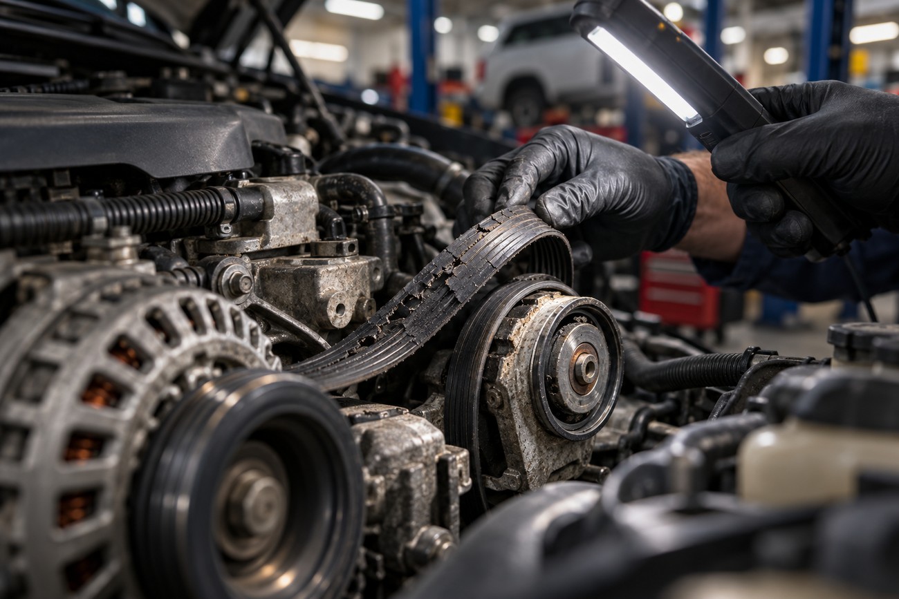 Mechanic wearing black gloves inspecting a worn and cracked serpentine belt in an engine bay with a flashlight