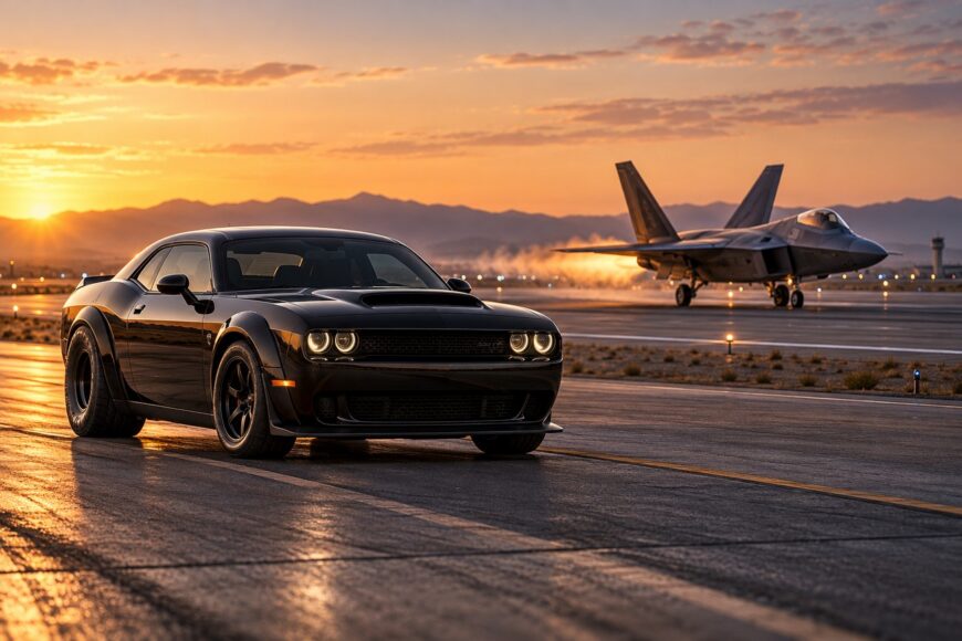 A black Dodge Challenger Demon parked on an airport runway at sunset with a fighter jet in the background