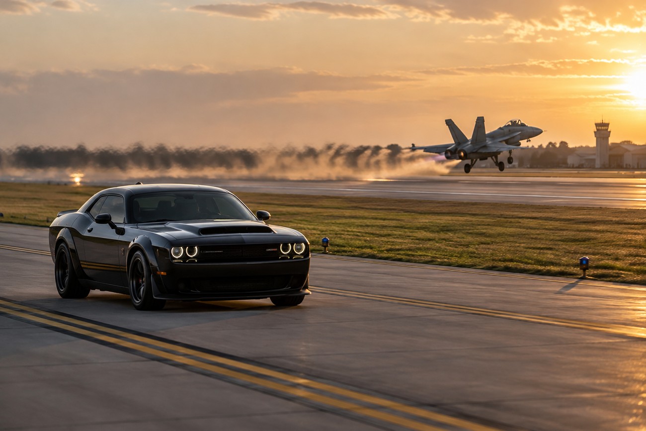 Black Dodge Challenger Demon racing on an airport runway as a fighter jet takes off in the background during sunset