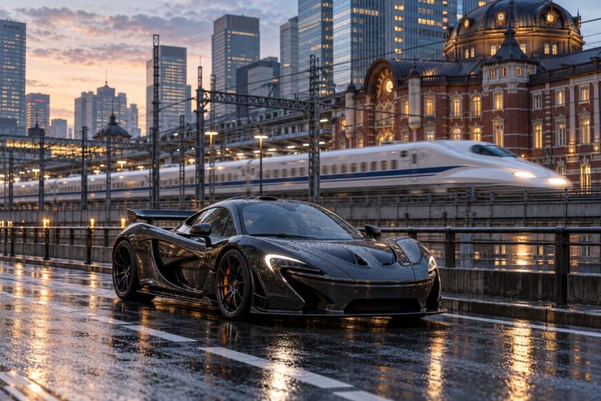 A dark McLaren P1 supercar parked on a wet Tokyo street with a Shinkansen bullet train speeding by in the background