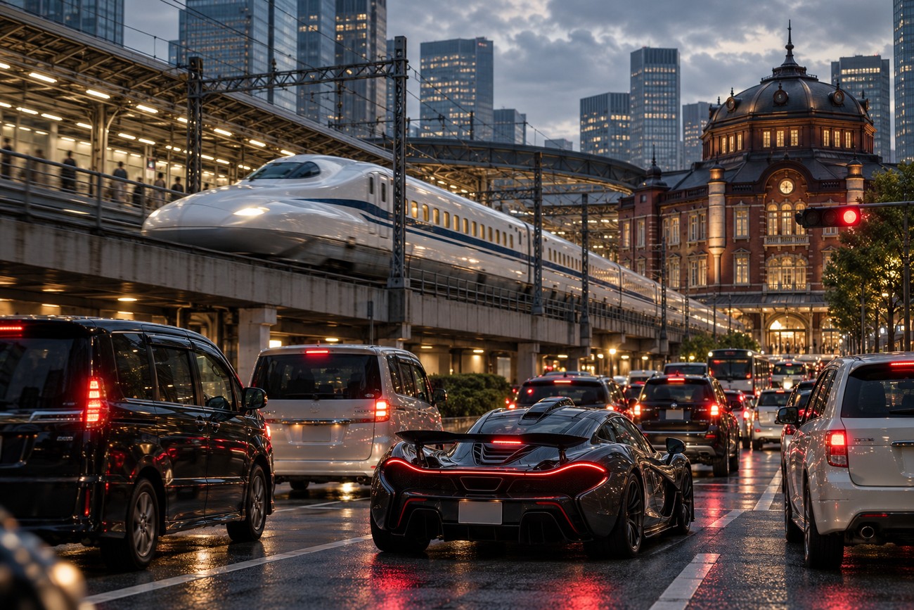 A dark McLaren P1 supercar driving on a wet Tokyo street next to a Shinkansen bullet train on an elevated railway