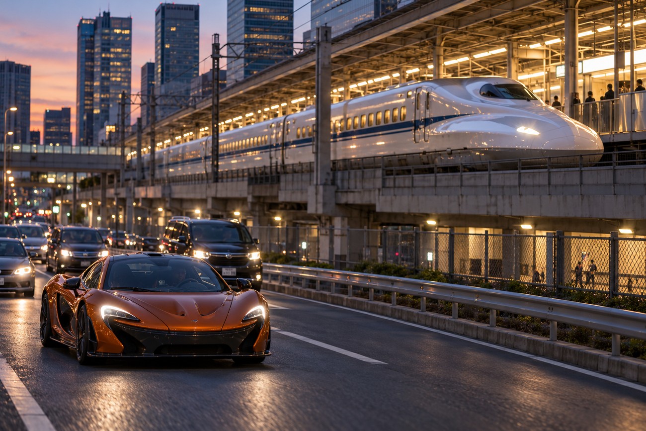 An orange McLaren P1 supercar driving on a Tokyo street next to an elevated Shinkansen bullet train at dusk