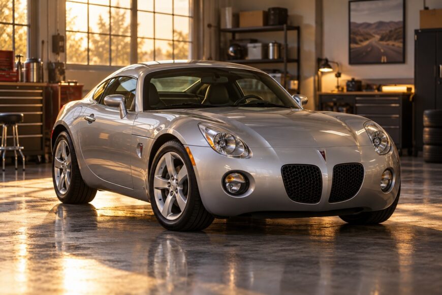 A silver Pontiac Solstice Coupe parked on a glossy concrete floor inside a garage at sunset