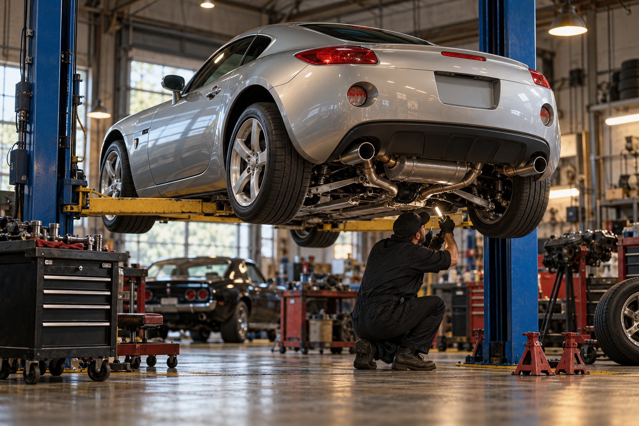 A mechanic in a garage inspecting the undercarriage of a silver Pontiac Solstice Coupe lifted on a hydraulic hoist
