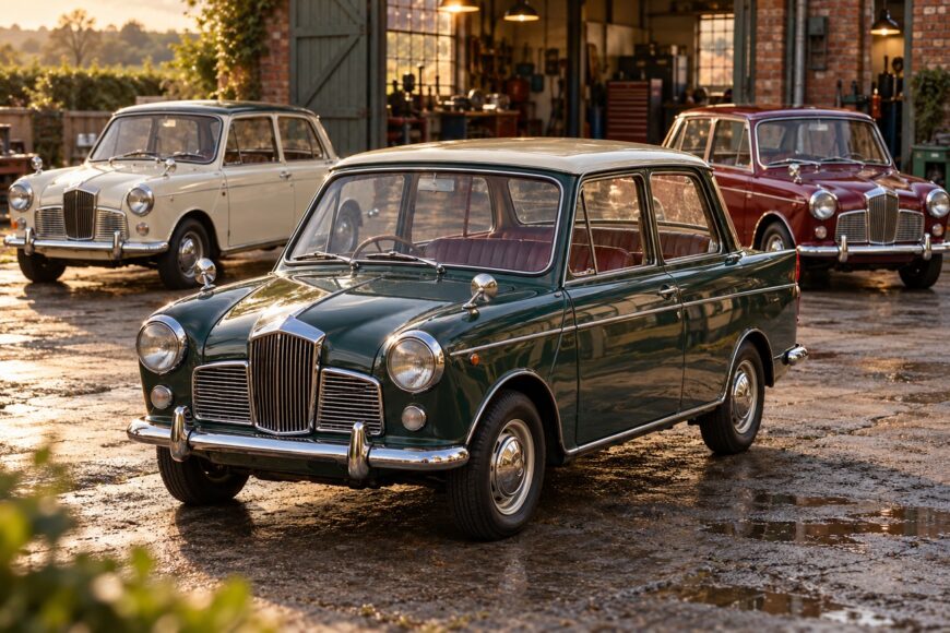 A dark green Riley Elf classic car parked on a wet concrete yard with a garage and two other vintage cars in the background