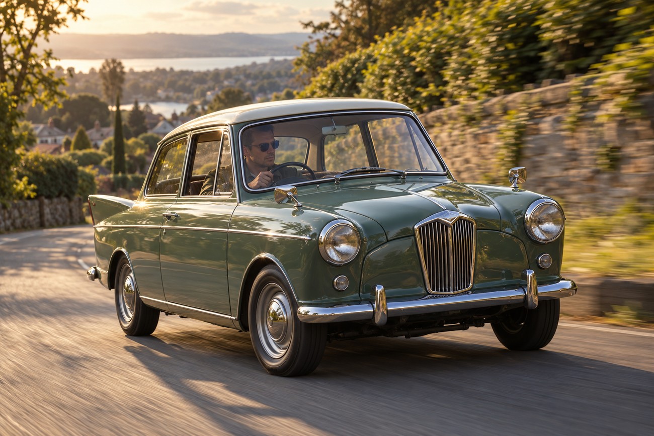 A green vintage Riley Elf car with a white roof driving along a scenic road with a driver inside