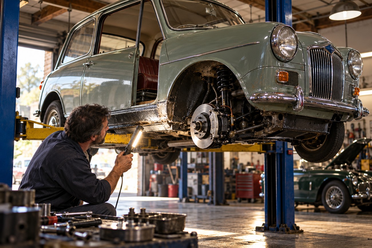 A mechanic inspecting the undercarriage of a classic light-green Riley Elf raised on a lift in a garage