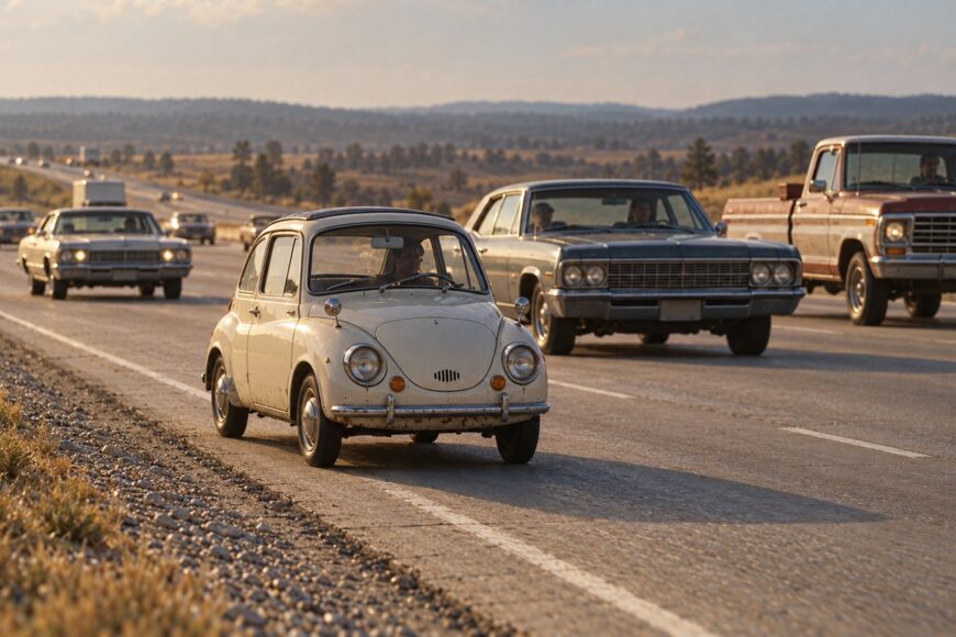A small white vintage Subaru 360 driving on a highway surrounded by large American sedans and a pickup truck