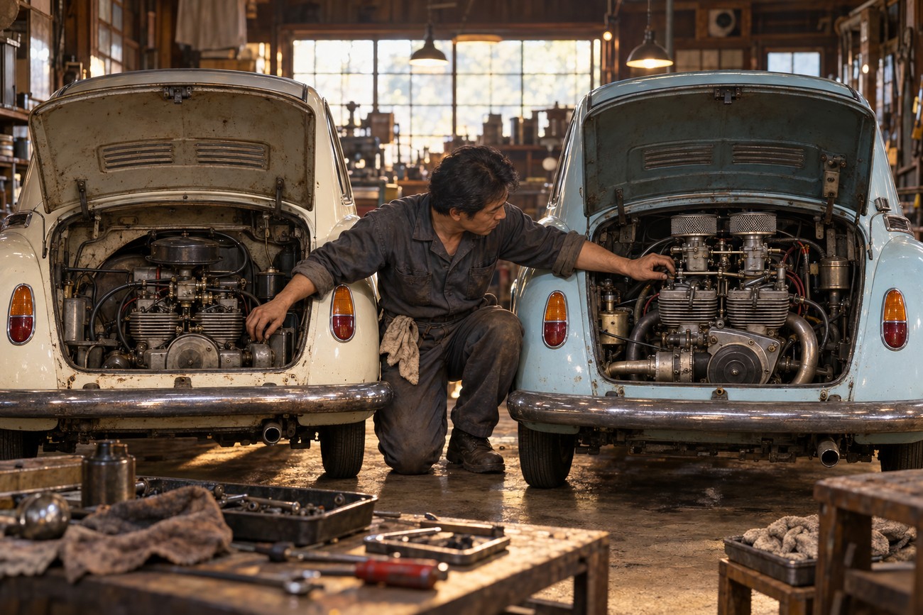 A mechanic in a garage inspecting the open rear engines of two classic Subaru 360 microcars