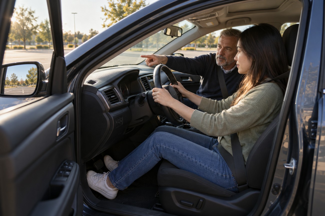 Father sitting in the passenger seat pointing forward while explaining something to his teenage daughter behind the steering wheel