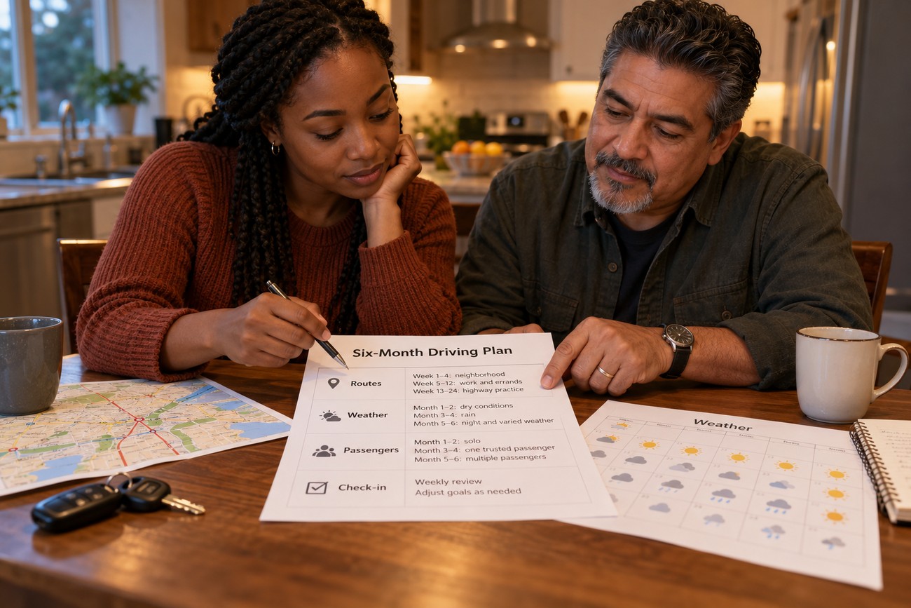 A father and teenage daughter looking at a six-month driving plan document at a kitchen table with car keys and a map