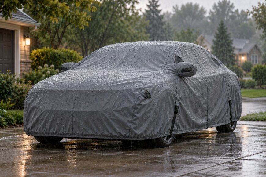 A grey waterproof car cover protecting a parked sedan during a heavy rain shower in a residential driveway
