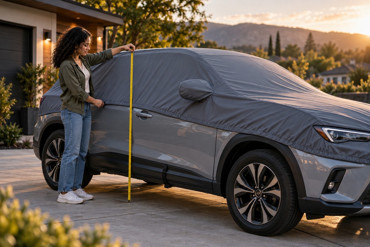 A woman standing next to a gray car cover on an SUV in a driveway while measuring it with a yellow tape
