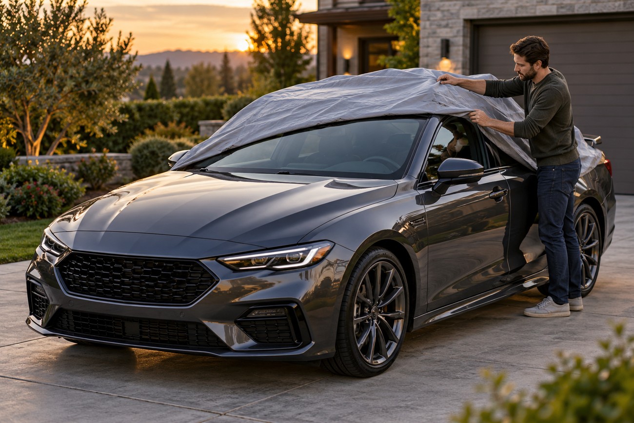 A man in a driveway is putting a protective grey car cover on his sedan at sunset