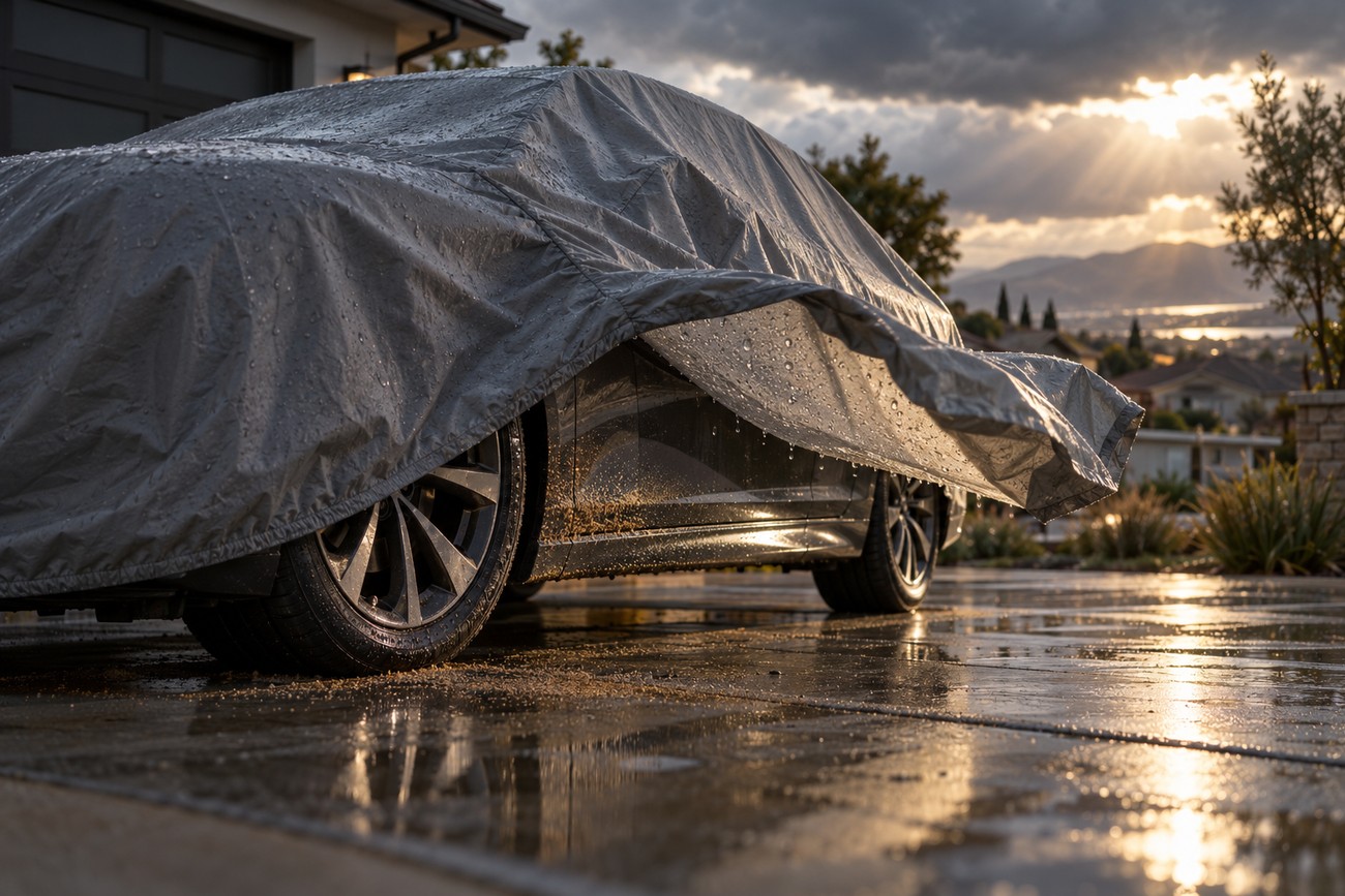 A sleek silver waterproof car cover protects a parked vehicle outdoors during a rainy sunset with dramatic lighting