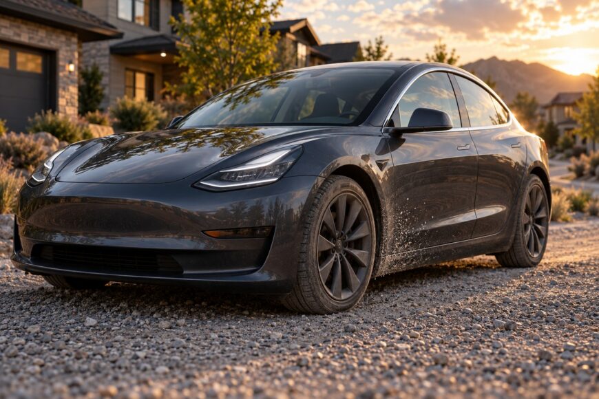 A dark gray Tesla Model 3 driving on a loose gravel road during sunset with dust and small stones kicking up near the wheels