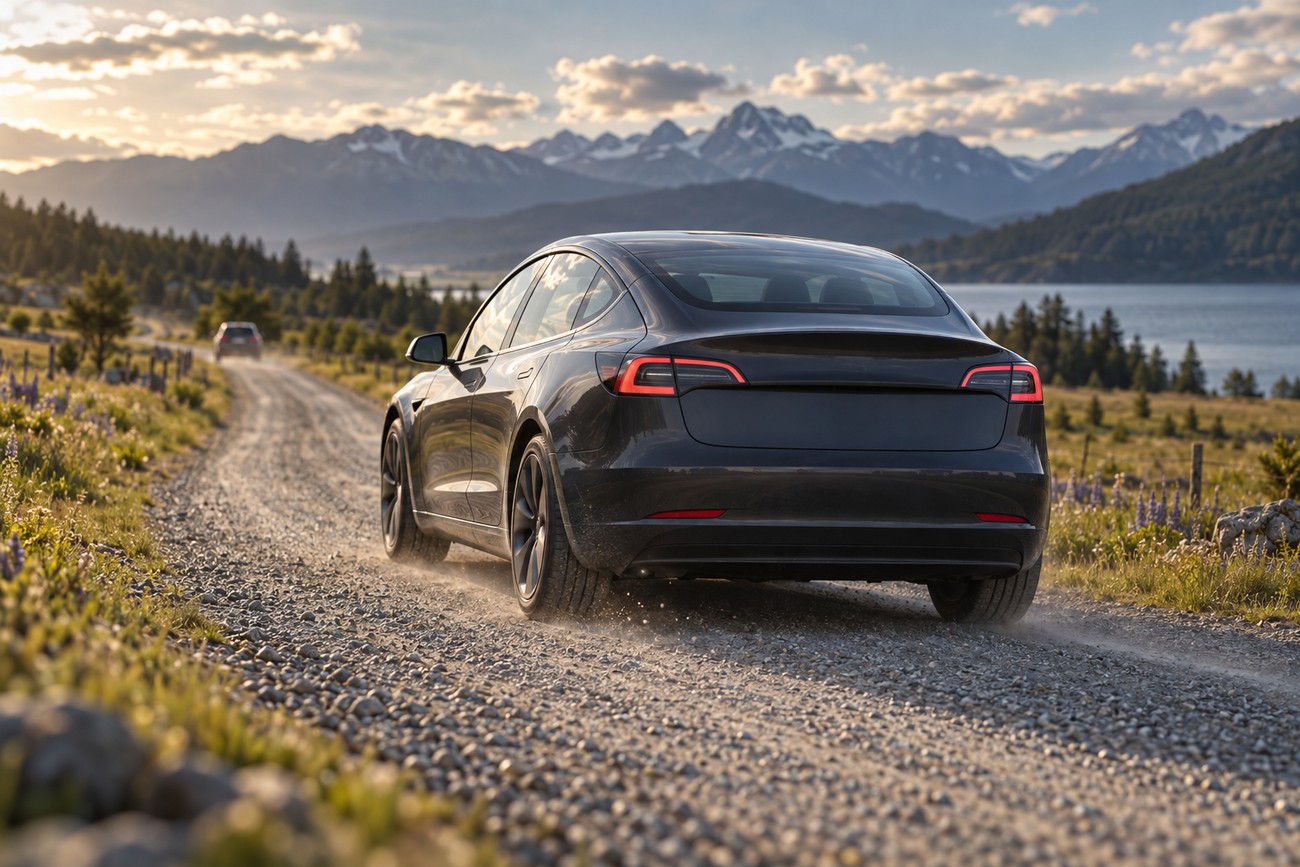 A dark Tesla Model 3 driving on a dusty gravel road with mountains in the background kicking up small stones