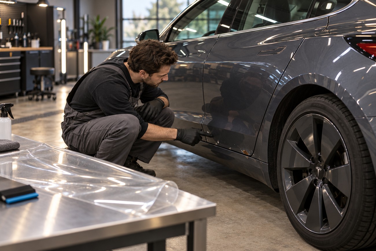 A mechanic in overalls inspects gravel road chips and paint damage on the side of a gray Tesla Model 3 in a workshop