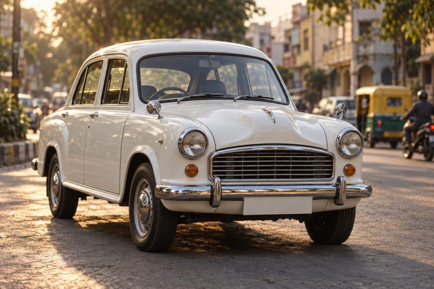 A vintage white Hindustan Ambassador parked on a sunlit Indian street with traffic in the background
