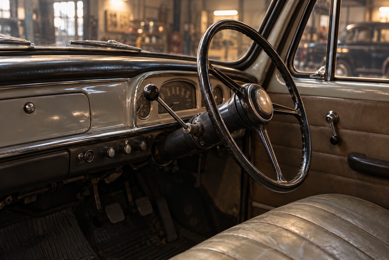Interior view showing the steering wheel and dashboard of a classic Hindustan Ambassador car