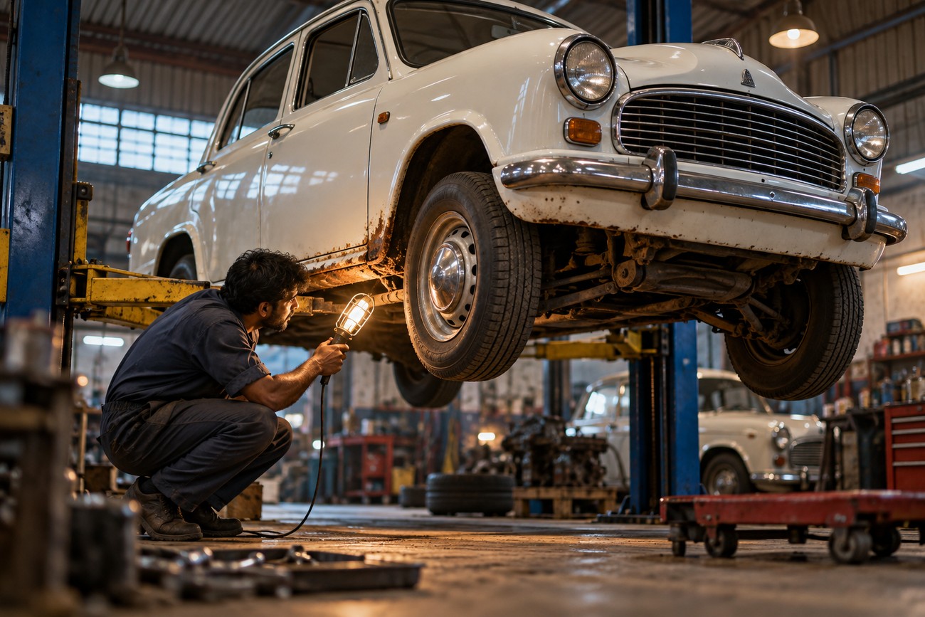 Mechanic holding a drop light while inspecting the undercarriage of a white Hindustan Ambassador lifted on a hoist in a garage