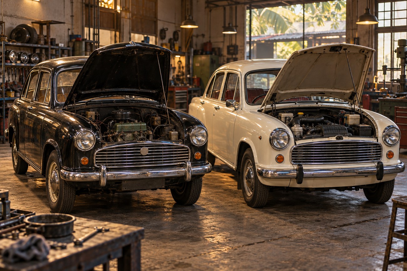 Two classic Hindustan Ambassador sedans with open bonnets parked inside a vintage mechanic workshop with tools and workbenches visible around