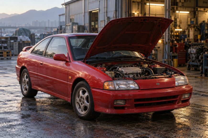 Red Hyundai Scoupe Turbo with an open hood parked outside a workshop showing its engine