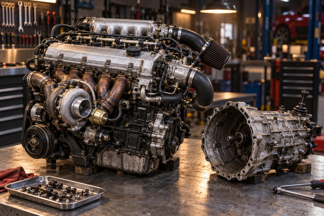A disassembled turbocharged Hyundai engine and transmission sitting on a metal workbench in a repair shop