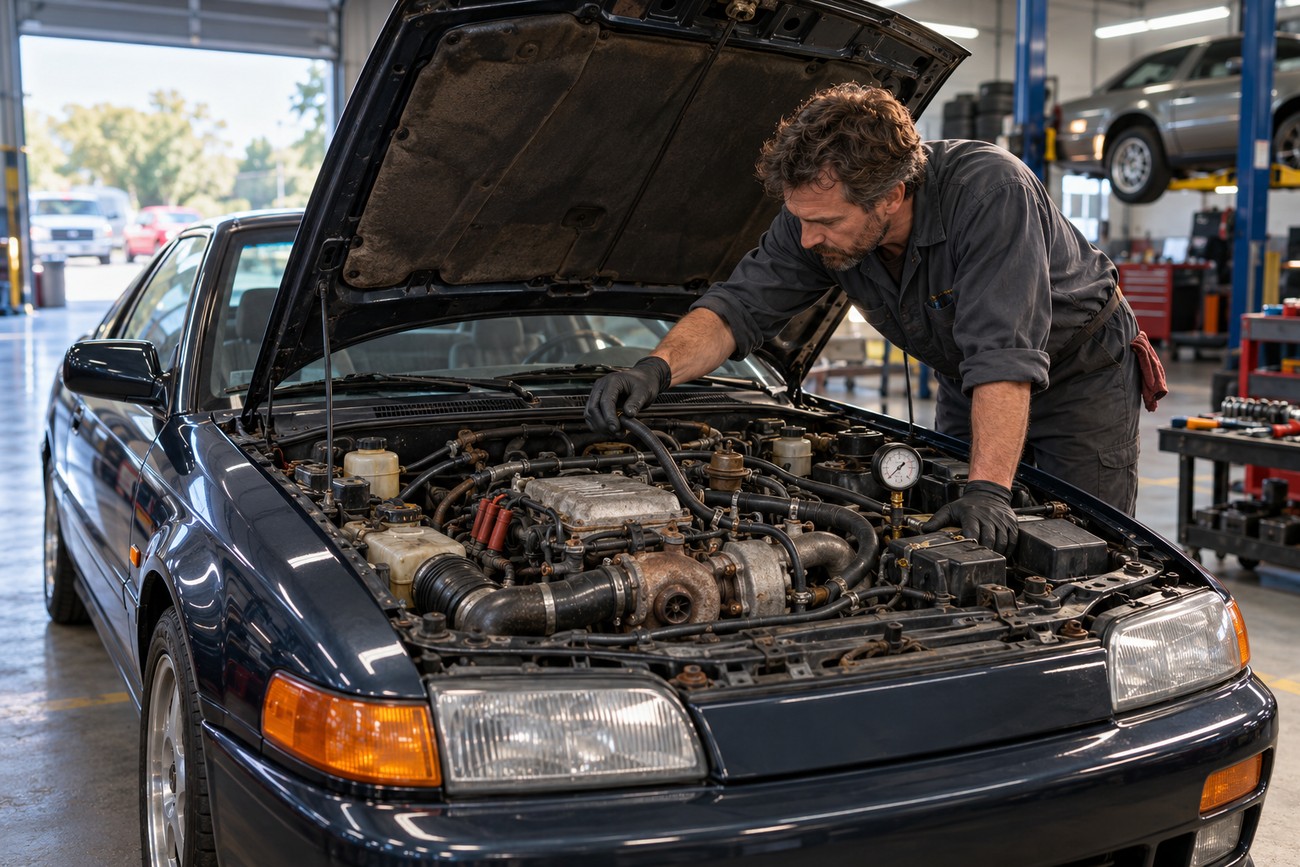 A mechanic in a workshop inspecting the turbocharged engine under the hood of a Hyundai Scoupe