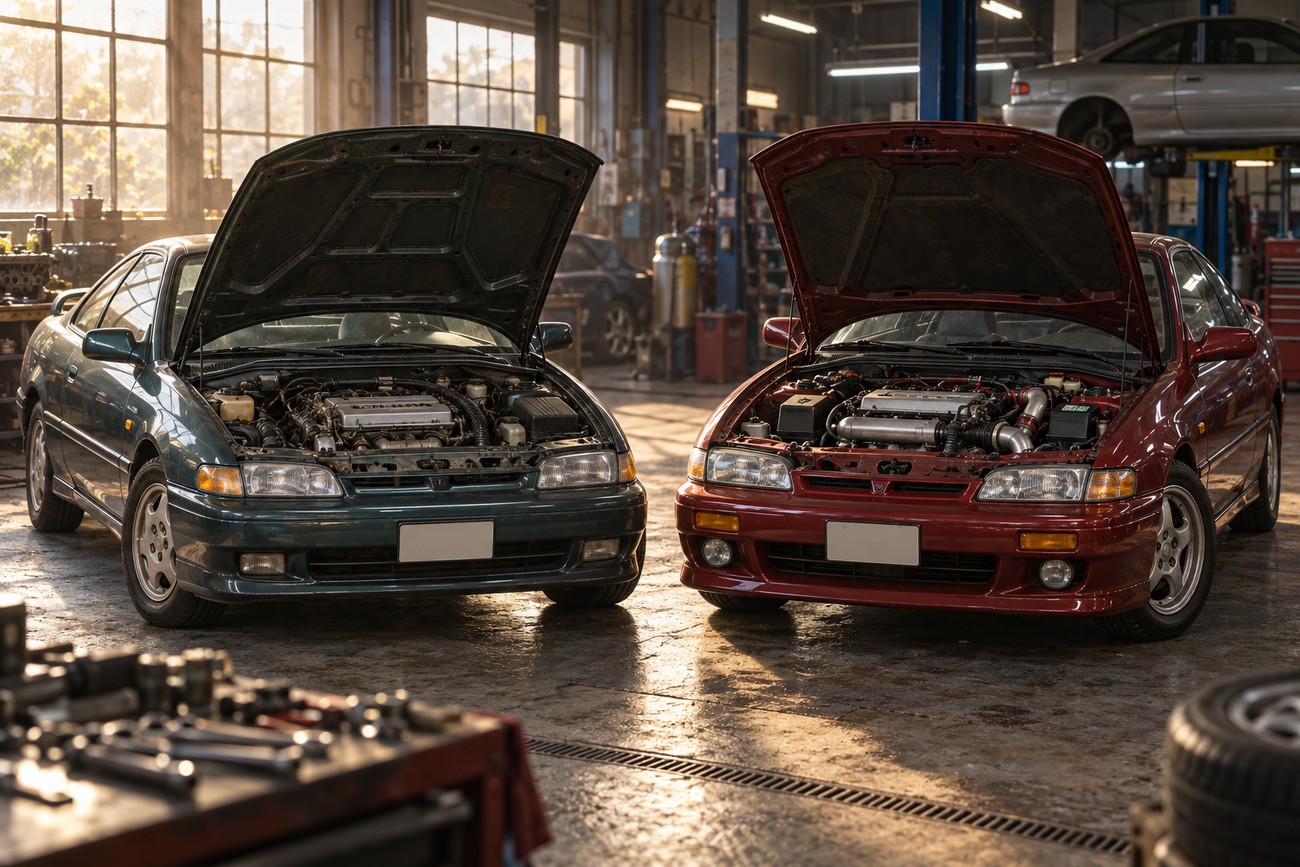 Two Hyundai Scoupe Turbo sports coupes with open hoods parked side by side inside a vintage auto repair shop