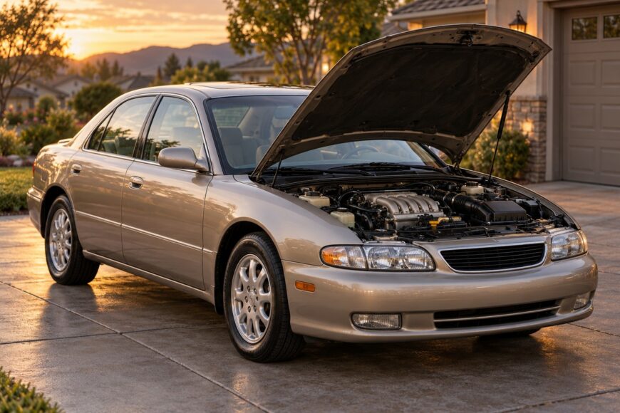 Silver Mazda Millenia S sedan parked in a suburban driveway with its hood open to display the engine bay