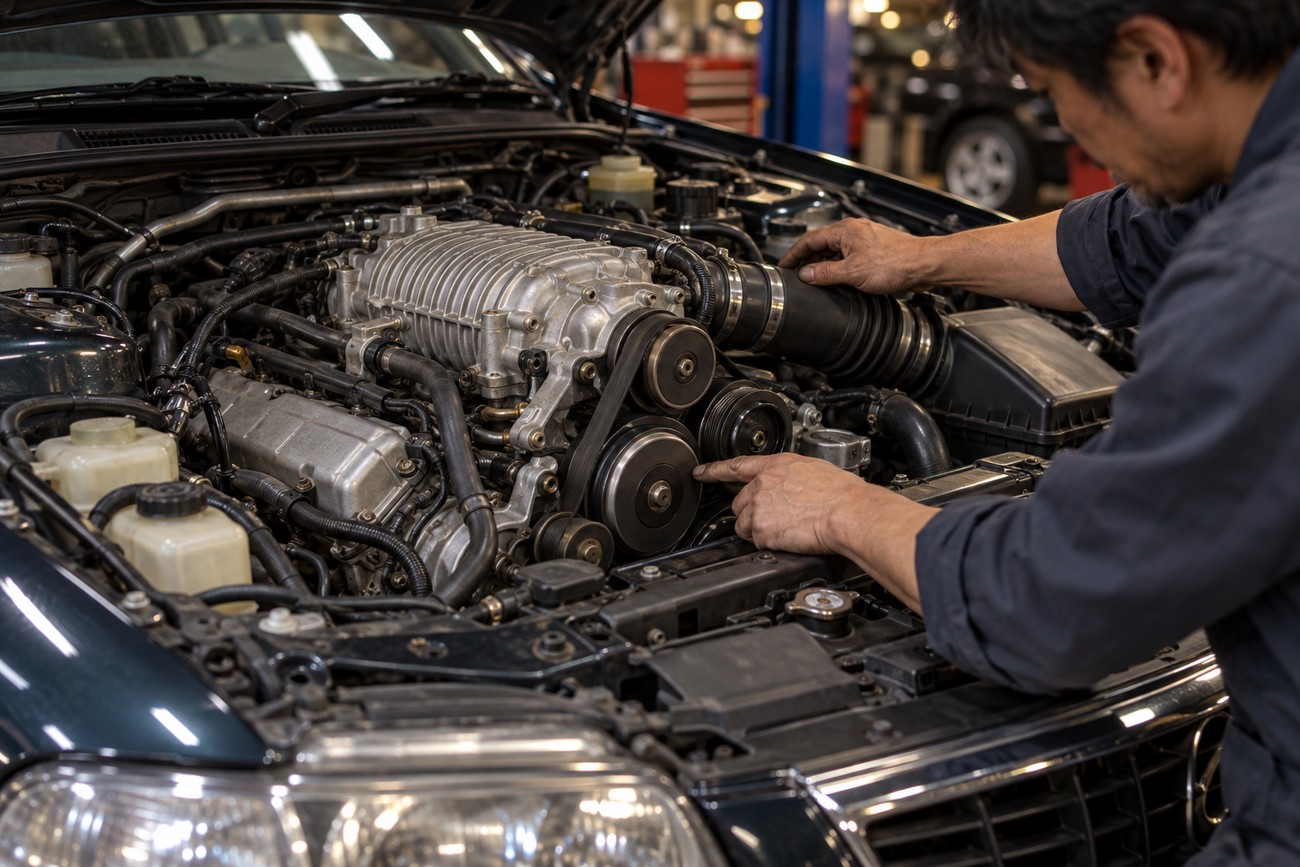 A mechanic inspecting the supercharged Miller-cycle engine in the engine bay of a Mazda Millenia S sedan