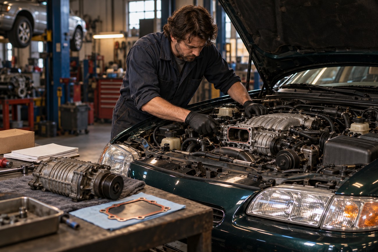 A mechanic wearing gloves inspects the Miller-cycle engine under the hood of a Mazda Millenia S in a repair shop