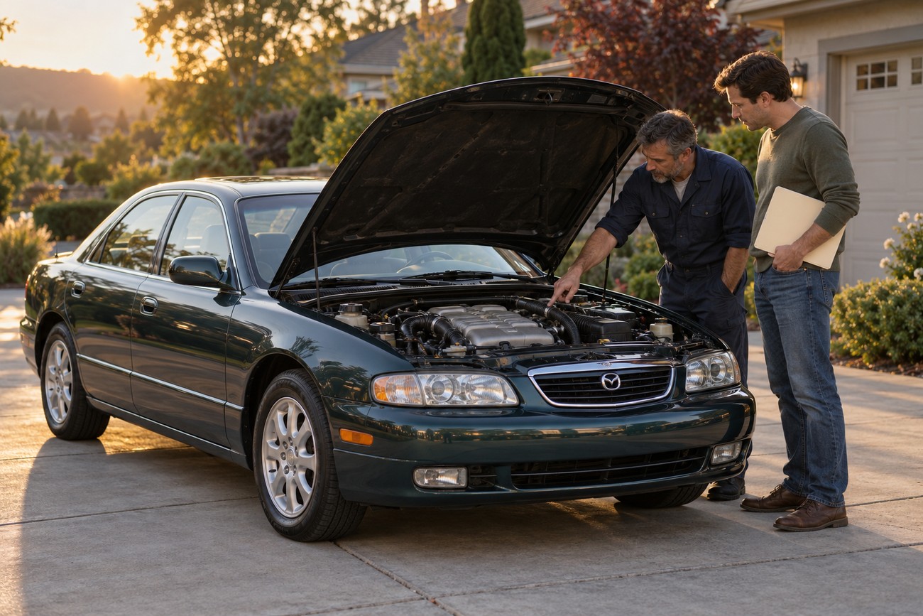 Mechanic pointing at the Miller-cycle engine under the open hood of a green Mazda Millenia S sedan while a man holds documents