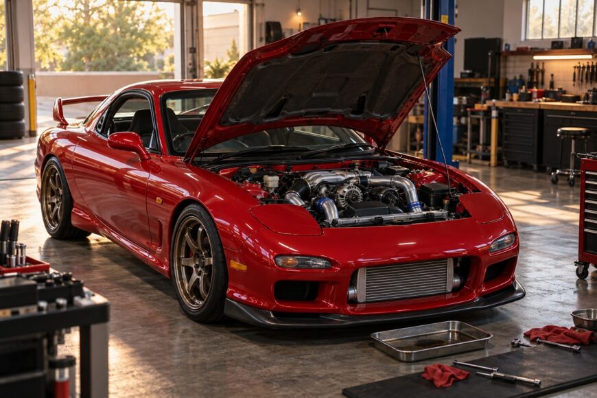 Red Mazda RX-7 FD with open hood parked in a brightly lit automotive workshop revealing its rotary engine