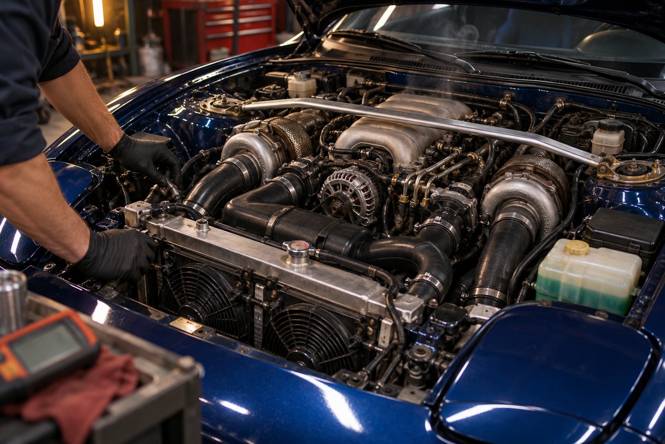 Mechanic wearing black gloves working on the twin-turbo rotary engine bay of a blue Mazda RX-7 FD