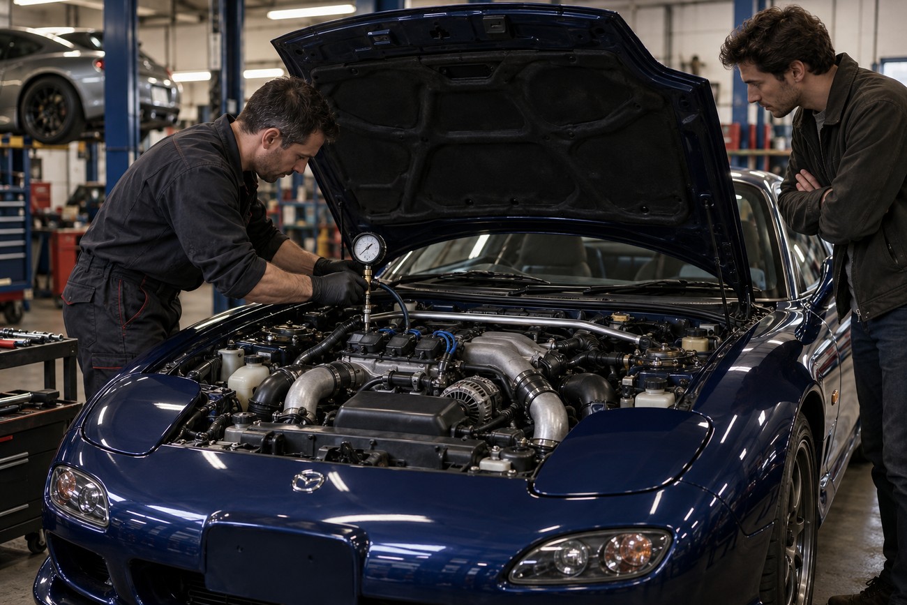 A mechanic in black overalls uses a pressure gauge on the rotary engine of a blue Mazda RX-7 FD while the owner watches in a repair shop