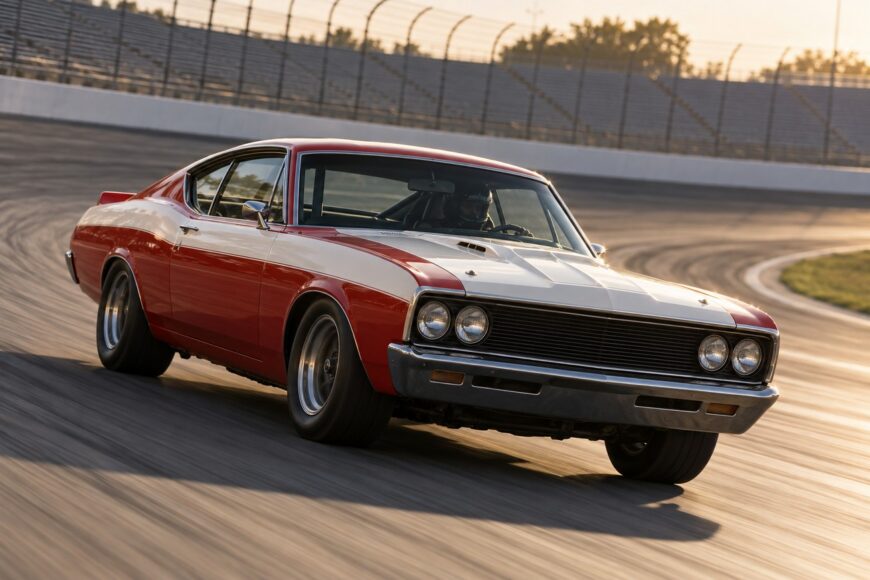 Classic red and white Mercury Cyclone Spoiler II driving fast on a banked asphalt racetrack