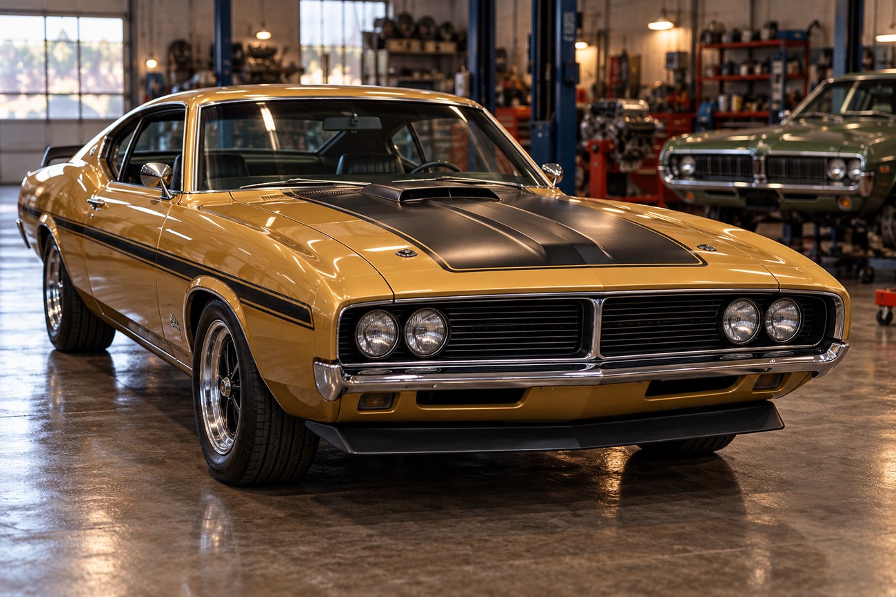 A vintage gold Mercury Cyclone Spoiler II parked on a concrete floor inside a professional automotive garage