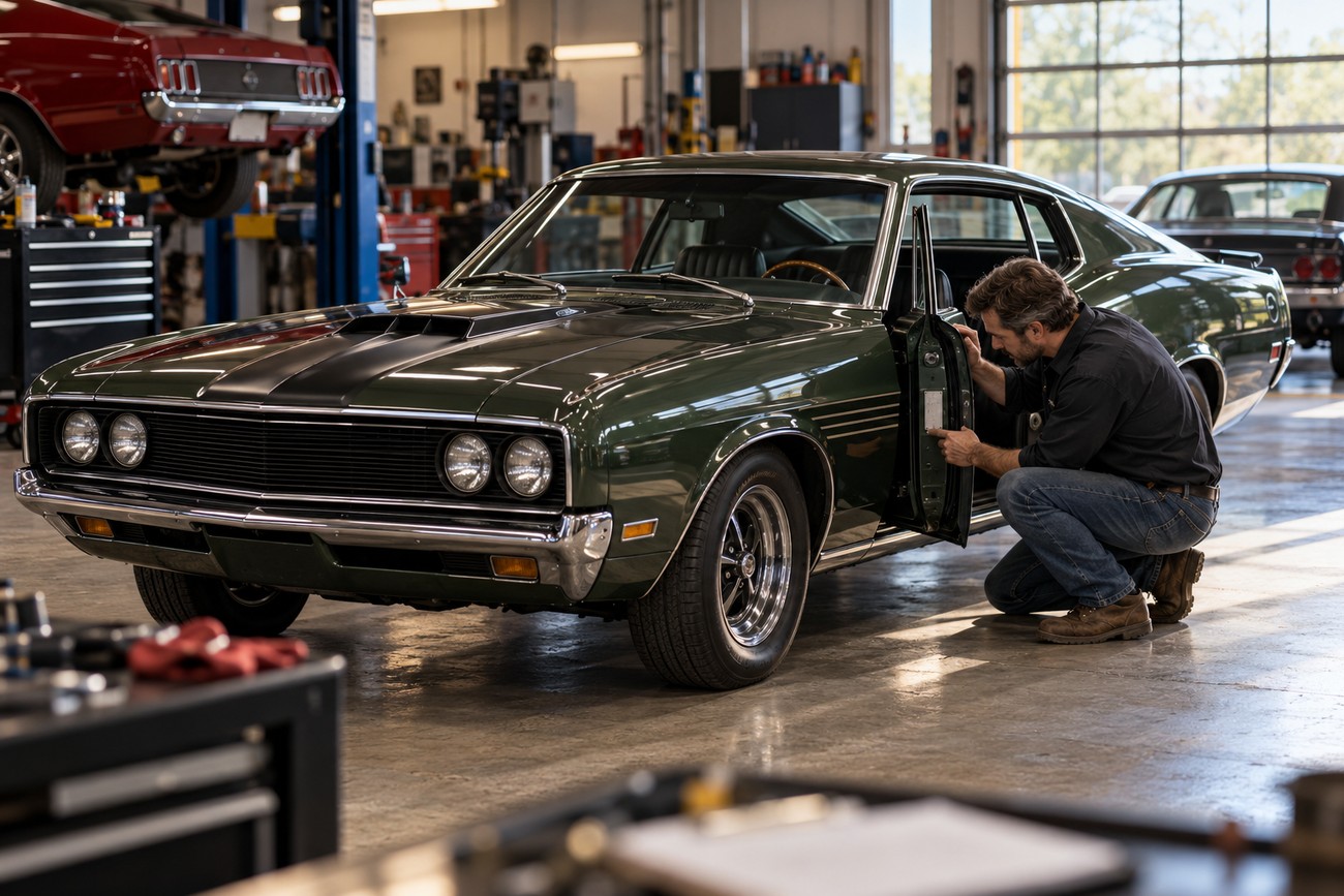 Mechanic crouching by the open door of a green classic Mercury Cyclone Spoiler II in a brightly lit repair shop