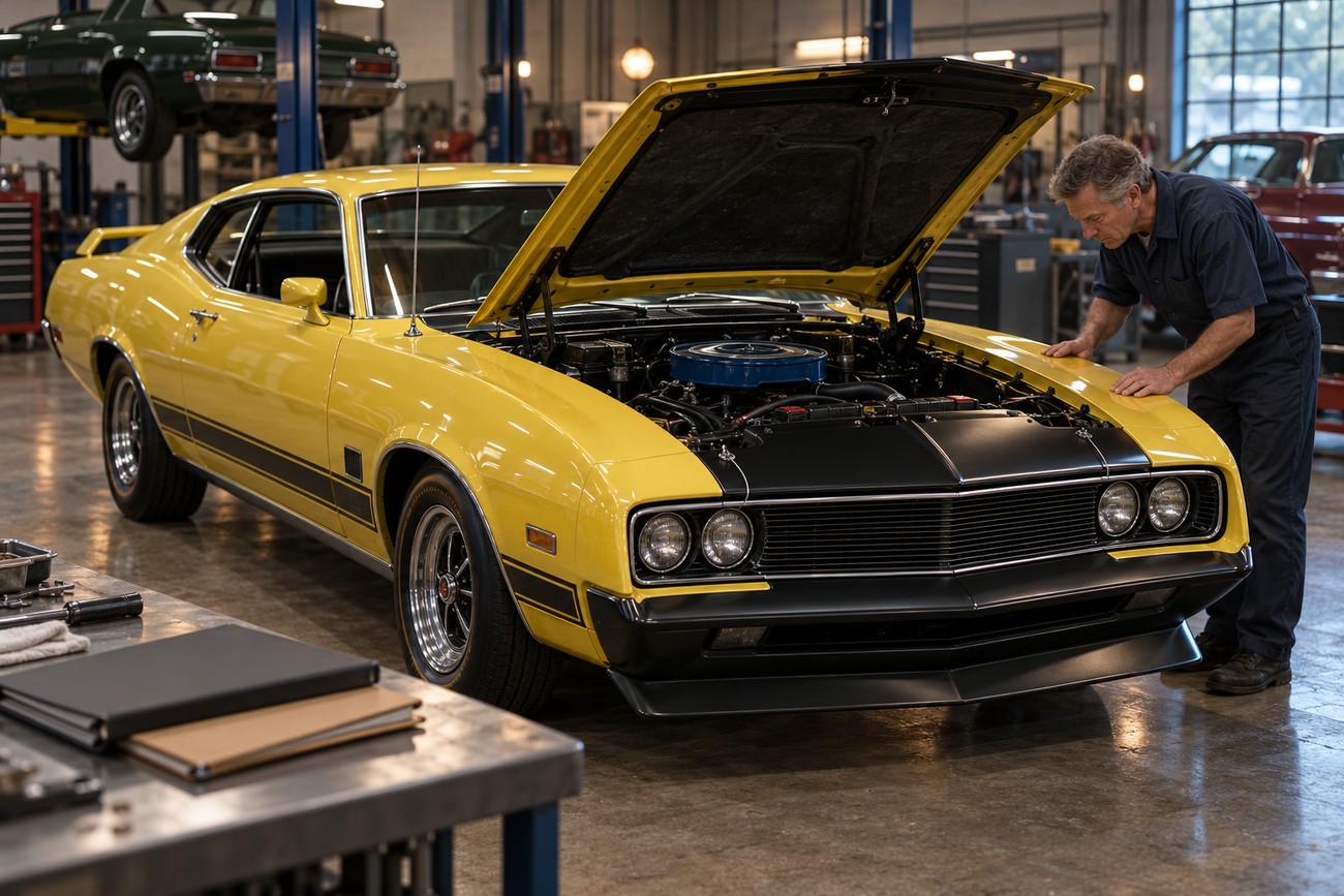 A mechanic in blue overalls inspecting the open hood of a classic yellow Mercury Cyclone Spoiler II in a garage