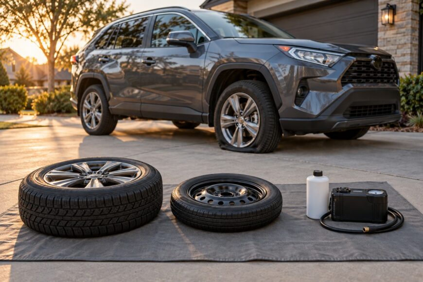 A full-size spare tire, a donut spare tire, and an inflator kit laid out on a mat with an SUV having a flat tire in the background