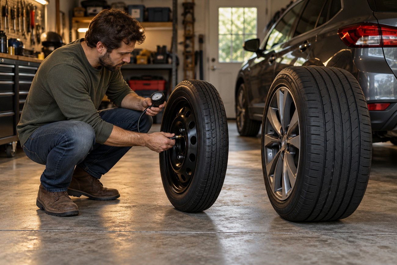 A man crouching in a garage and checking the air pressure of a donut spare tire with a gauge next to a full-size wheel