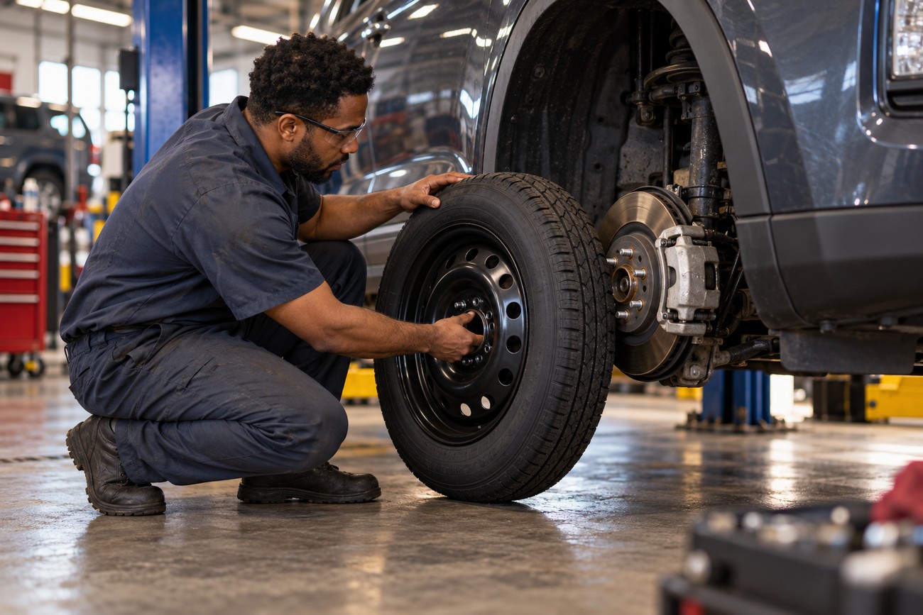 Mechanic wearing safety glasses while installing a spare tire onto a car in an auto repair shop