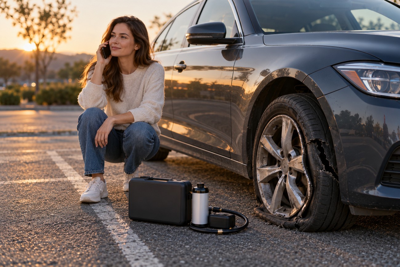 Woman crouching by a car with a flat tire and a tire repair kit on the ground