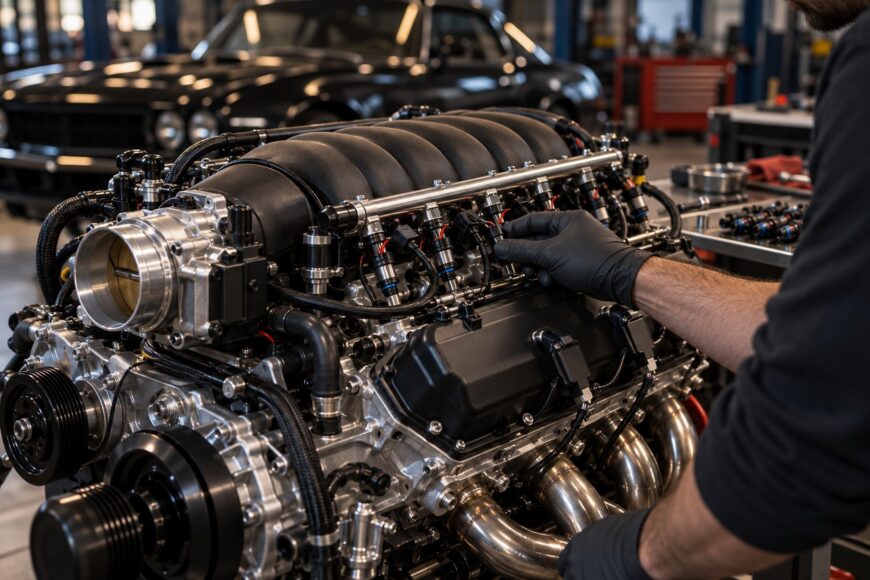 A mechanic in black gloves works on upgrading fuel injectors and components of a car engine in a garage