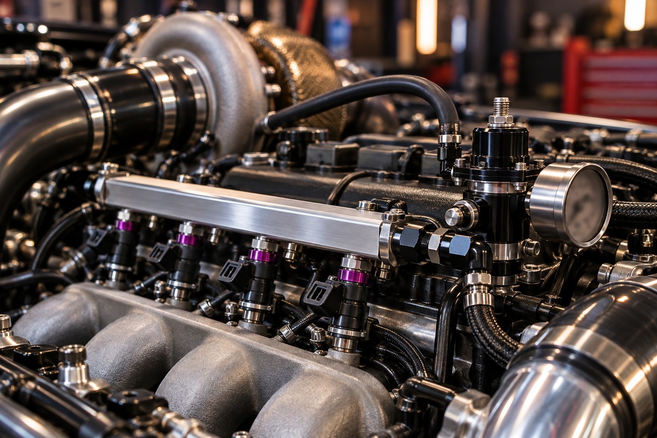 Close-up shot of a high-performance car engine bay featuring an upgraded aluminum fuel rail and injectors