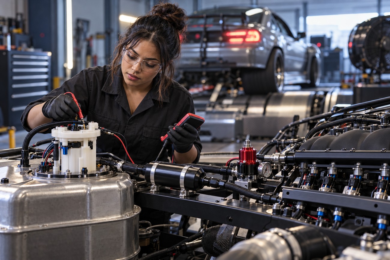 Female mechanic wearing safety glasses and gloves uses a multimeter to test the fuel system and injectors on a high-performance engine in a workshop