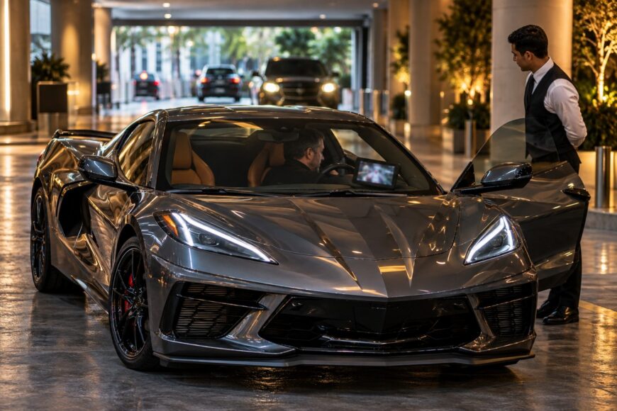 A valet stands next to the open door of a gray Corvette parked in a hotel driveway with a driver inside